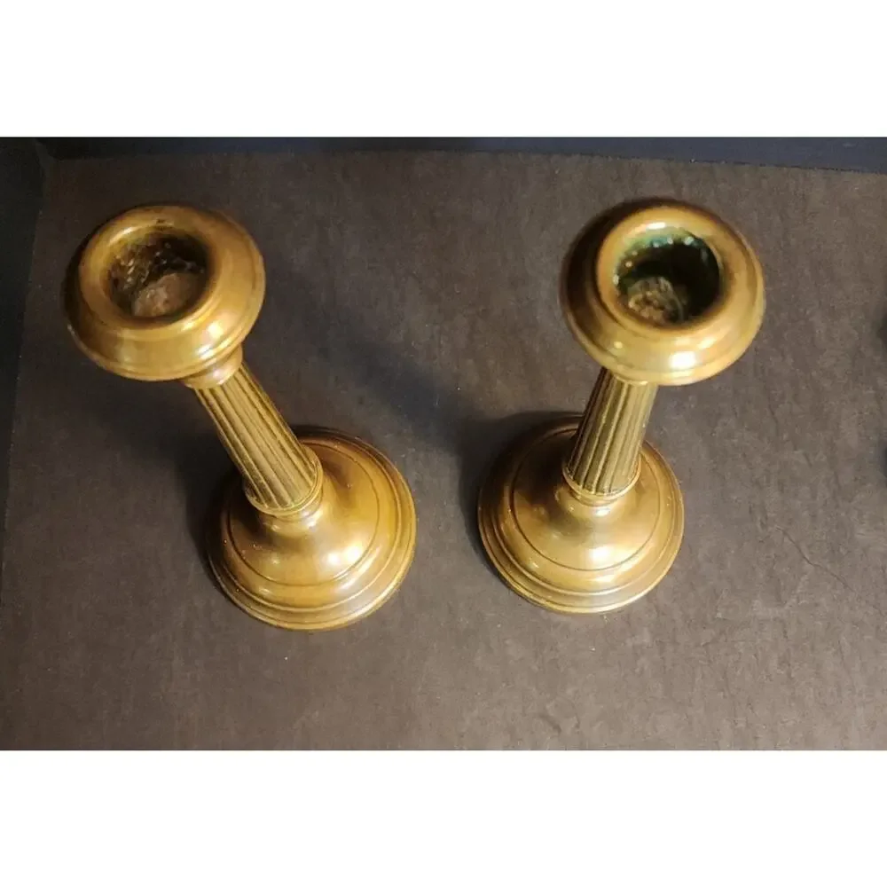 Pair of Antique Brass Candlesticks, Copper Weighted, Column Fluted 8.5